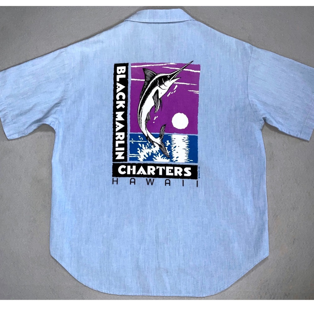 Crazy Shirts Hawaii Black Marlin Charters Blue Button Up Men's Medium 90s